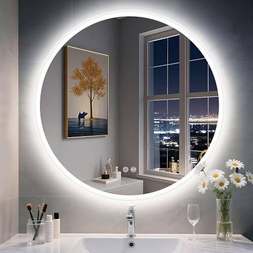 S'bagno Rotondo Specchio Bagno con Luce 80cm, Specchio LED Bagno con Antiappannamento, 3000K/4000K/6500K, Dimmerabile, Vetro Temperato HD, Funzione di Memoria, IP44