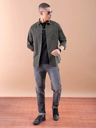 Image of The Indian Garage Co Men's Cotton Slim Fit Solid Full Sleeves Spread Collar Casual Shirt