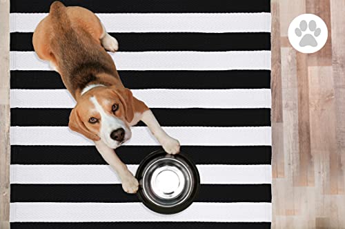 Fh Home Outdoor Camping Rug - Waterproof, Fade Resistant, Reversible - Premium Recycled Plastic - Striped - Large Patio, Deck, Sunroom, Rv - Brittany Stripe - Black & White - 9 X 12 Ft Foldable #TOP4