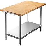 VEVOR Maple Top Work Table, Stainless Steel Kitchen Prep Table Wood, 48 x 24 Inches Metal Kitchen...