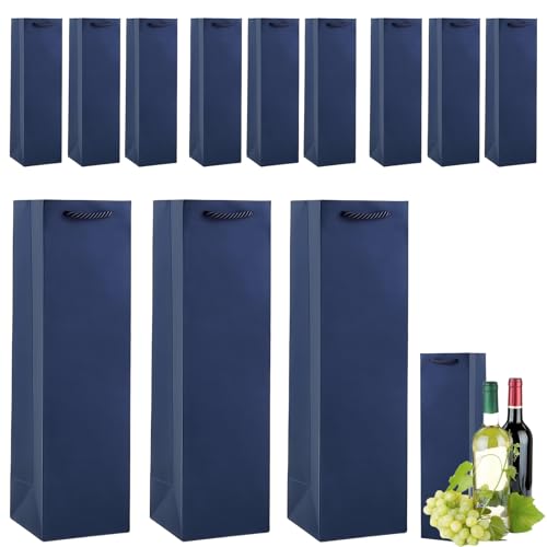 COSORO Bolsas Para Botellas de Vino con Asas,12 piezas Bolsas Papel Kraft Azul Marino,Fuerte Reciclable Regalos de Embalaje Botellas para Vino Whisky Champán para Fiestas Bodas Cumpleaños Navidad