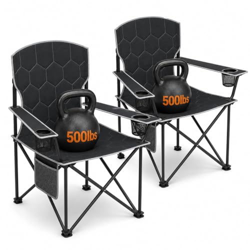 SUNNYFEEL Oversized Camping Chair for Adults, 500 LBS Heavy Duty Folding Chair with Padded Seat, Cup Holders, Side Pocket and Carry Bag, Big and Tall Outdoor Seating Black 2PC by SUNNYFEEL - Used condition - US$73.91