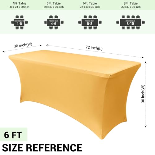 Image of Obstal 6ft Stretch Spandex Table Cover for Standard Folding Tables - Universal Rectangular Fitted Tablecloth Protector for Wedding, Banquet and Party, 72L x 30W x 30H Inches, Gold, 2pc