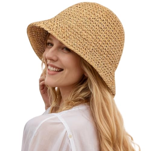 Womens Floppy Straw Sun Hat Packable Wide Brim...