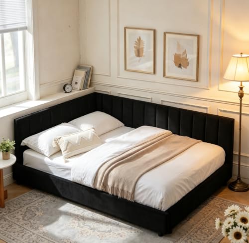 Bellemave Full daybed Full Corner Bed Upholstered Sofa Bed Frame with Comfortable Backrest and Armrests for Kids Teens Adults Velvet Black