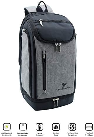 YANG-YANG Professional Badminton Backpack Fits up-to 2 Rackets, 1 Tube of Shuttles (Birdies), Shoes, Clothes, Water Bottle&misc - Keys, Phone, Wallet; 7 Total COMPARTMENTS