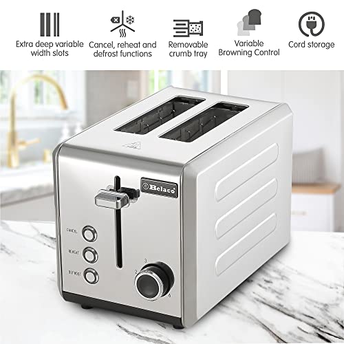 Belaco 2-Slice Toaster Wide Slots with Frozen, Cancel and Reheat Settings, Full Stainless-Steel Body, 810W - Image 3