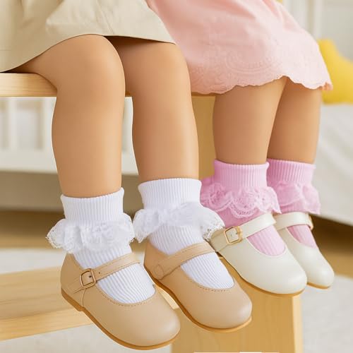 Pink & White Ruffle Socks Double Lace Ruffled Ankle Socks for Girls 2 Pairs Princess Eyelet Frilly Baptism Dress Sock Soft Newborn Sock for Autumn Winter Cute Photo Shoot Party Outfit Accessory2