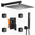 RUMOSE Rainfall Shower System with 4 Full Body Jet 4 Mode Shower Faucet Set with 12 Inch Rain Shower Head and 2 in 1 Handheld Spray, Matte Black Brass Shower Jet Shower Fixtures, Wall Mounted