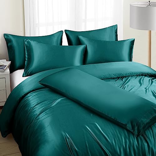 Image of Ersmak 6 Pieces Satin Duvet Cover King Size Luxury Silky Bedding Duvet Cover Set with 1 Soft Duvet Cover, 4 King Pillowcases and 1 Body Pillowcase, Teal