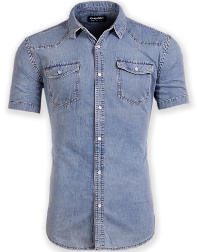 Men's Short Sleeve Double Pocket Snap Denim Shirt