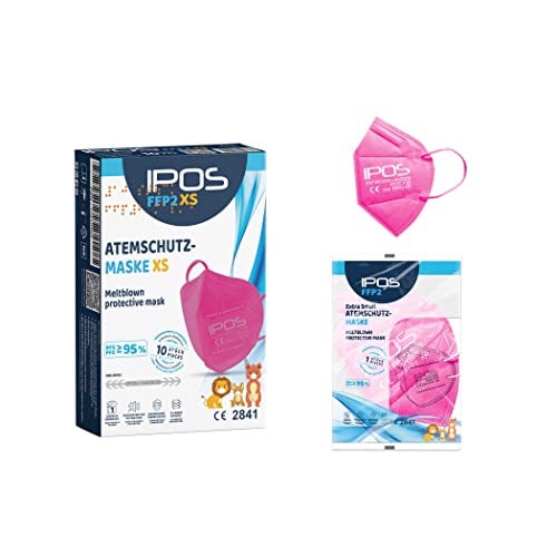 IPOS FFP2 Maske XS Extra Small Pink CE Zertifiziert - 10 Stück, Einzelverpackung in PE-Beutel, 5-lagig, anpassbarem Nasenbügel, Gummizug, Faltbare Atemschutzmaske