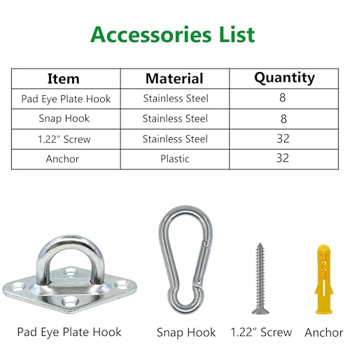 TERMATH 8 Pcs 304 Stainless Steel 2.31 Inches Pad Eye Hooks and 8 Pcs 304 Stainless Steel Snap Hooks,Screw Ceiling Hooks,Outdoors String Lights Hangers,Shade Sail Hardware with Screws Anchors - Image 3
