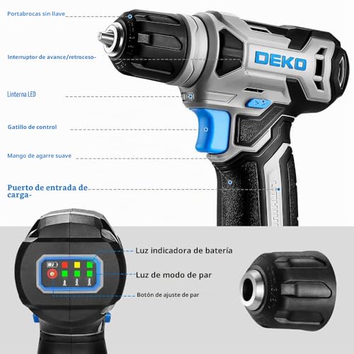 Miniatura 2 de Dekopro Taladro Atornillador 8v, Taladro Inalámbrico, Con 10mm Portabrocas, Led Luz, Cable De Carga Tipo C, Accesorios 42 Piezas, Taladro Eléctrico Para Perforar Y Apretar Aflojar Tornillos