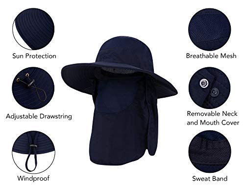 Wide Brim Bucket Hats For Women Men With Face Cover Adjustable Upf 50+ Mens Gardening Hat For Women Sun Protection Womens Hat With Neck Flap, Navy #TOP4
