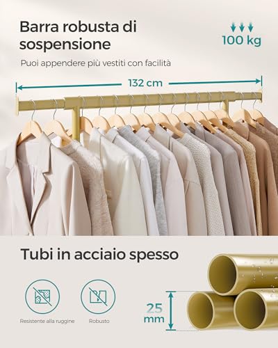 SONGMICS Stand Appendiabiti con Ruote, Attaccapanni Estensibile per Carichi Pesanti, Portata Totale 100 kg, 45 x (92-132) x 161,5 cm, Facile da Montare e Spostare, Oro Pallido HSR013A01 - Immagine 3