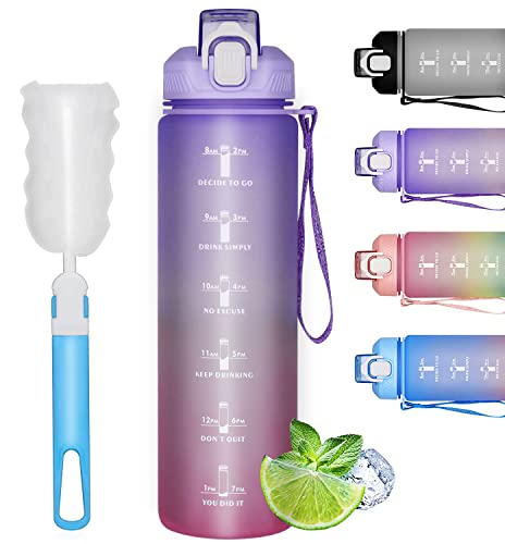 1L Wasserflasche, Trinkflasche mit Strohhalm und Zeitmarkierung, Trinkflasche 1l BPA-frei Tritan Auslaufsiche Sportflasche für Sport, Fitnessstudio, Yoga, Outdoor, Laufen (Farbverlauf Lila) Cover