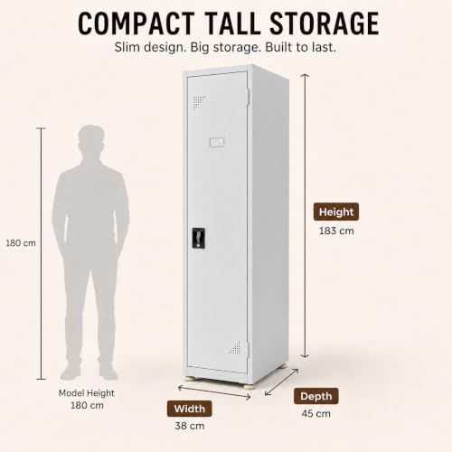 Image of Amazon Brand - Solimo Single Door Steel Locker Cabinet with 4 Shelves & Hanging Rod | Lockable Metal Storage Cupboard for Home, Office, Gym, School & Factory | Powder Coated, Grey