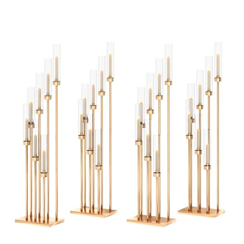 foriy 46.5'' Floor Candelabra 7 Arms Floor Candle Holders for Wedding Gold Candle Sticks Holder Decor Metal Candlestick Set with Acrylic Lampshades for Home Party (7 arm Square 46.5in)