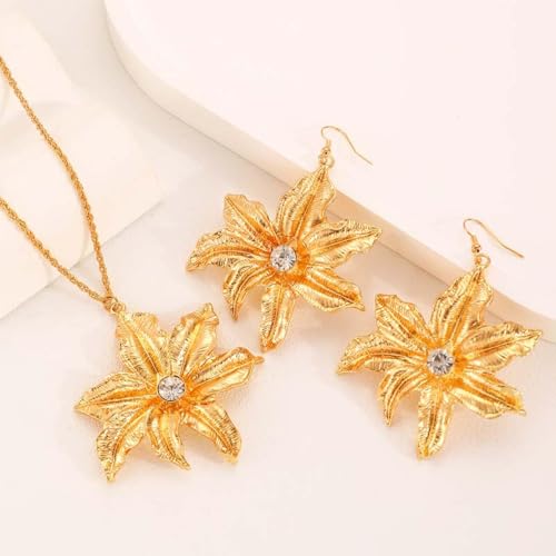 Collar de flor exagerada para mujer conjunto de pendientes dorados con circonita 3