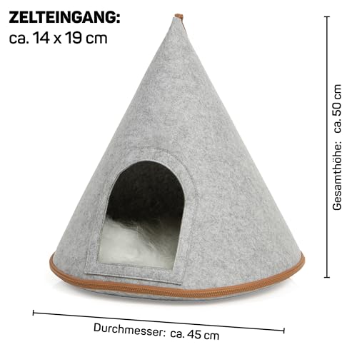 CanadianCat Company | Katzen Tipi Zelt für Haustiere Katzenzelt Cone Katzen Tipi, XL Katzenhöhle aus Filz inkl. Flauschkissen, hellgrau, 45 x 45 x 50 cm
