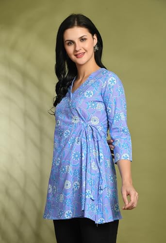 Image of feranoid Floral Print Angrakha 3 Sleeves Flared Kurti