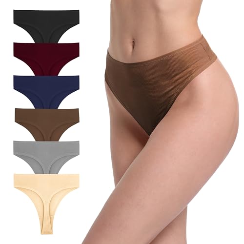 Image of 6 Pack Women's Ribbed Cotton Thongs High Waist Panties Underwear | GAREDOB 6 Pack Women's Ribbed Cotton Thongs High Waist Seamless Panties Plus Size High Rise No Show Underwear