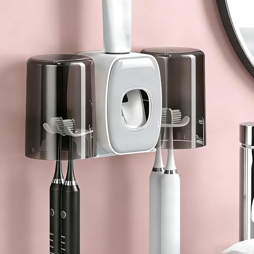 Toothbrush Holder with Toothpaste Dispenser,Wall Mounted Automatic Toothpaste Squeezer Toothbrush Holder Storage Organizer with 2 Cups No Drilling for Bathroom (White)