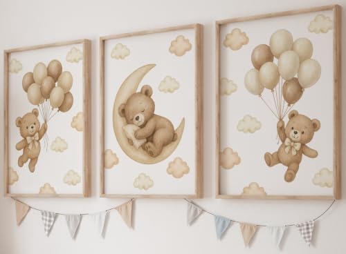 Image of Eviepops Prints Teddy Bear Neutral Nursery Unframed 3 Set Wall Art A3