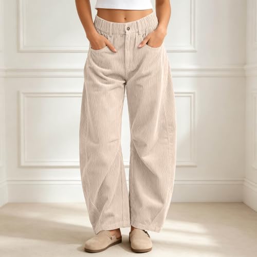 Corduroy Barrel Pants Women Baggy Wide Leg Elastic Waist Palazzo Trousers - image 3