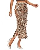 JASGOOD Sequin Skirt for Women Elastic High Waist Midi Skirt Side Slit Stretchy Sparkle Skirts for Night Out Cocktail Parties Rosegold