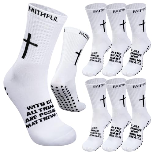 Glitopper 6 Pairs Cross Grip Soccer Socks for US 6-13 Anti Slip Christian Sock with Bible Verse Religion Gift for Men Youth Women Sport(White,Faithful)
