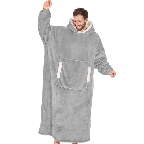 yescool Wearable Blanket Hoodie - Birthday Christmas Gifts for Women Mom Girlfriend, Extended Oversized Flannel Sherpa Cozy Hooded Blanket Sweatshirt Adult With Hood Pocket & Sleeves (Cloud)
