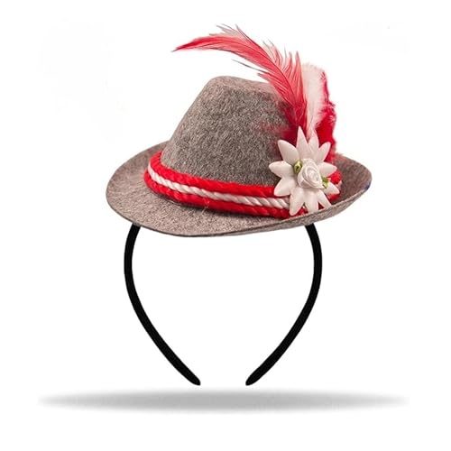 Hatstar Mini Seppelhut mit Haarreif, Miniatur Trachtenhut mit Feder in Rot, Kostüm Accessoire zum Oktoberfest Outfit für Damen und Herren