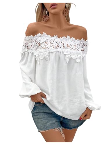 SweatyRocks Women's Off The Shoulder Lace Blouse Long Sleeve Casual Shirts Vacation Tops