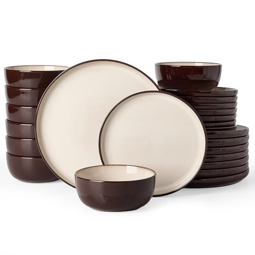 Image of Famiware Milkyway Stoneware Dinnerware Set, 24-Piece, Double Reactive Glaze, Plates and Bowls, Service for 8, Microwave and Dishwasher Safe, Scratch-Resistant, Light khaki & Cocoa