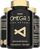 Fish Oil Omega 3 Capsules High Strength - 3000mg Triple Potency - Easy to Swallow with No Fishy Aftertaste - 120 Softgels - UK Made Omega 3 Supplements High in DHA & EPA - Pure & Sustainable Fish Oil