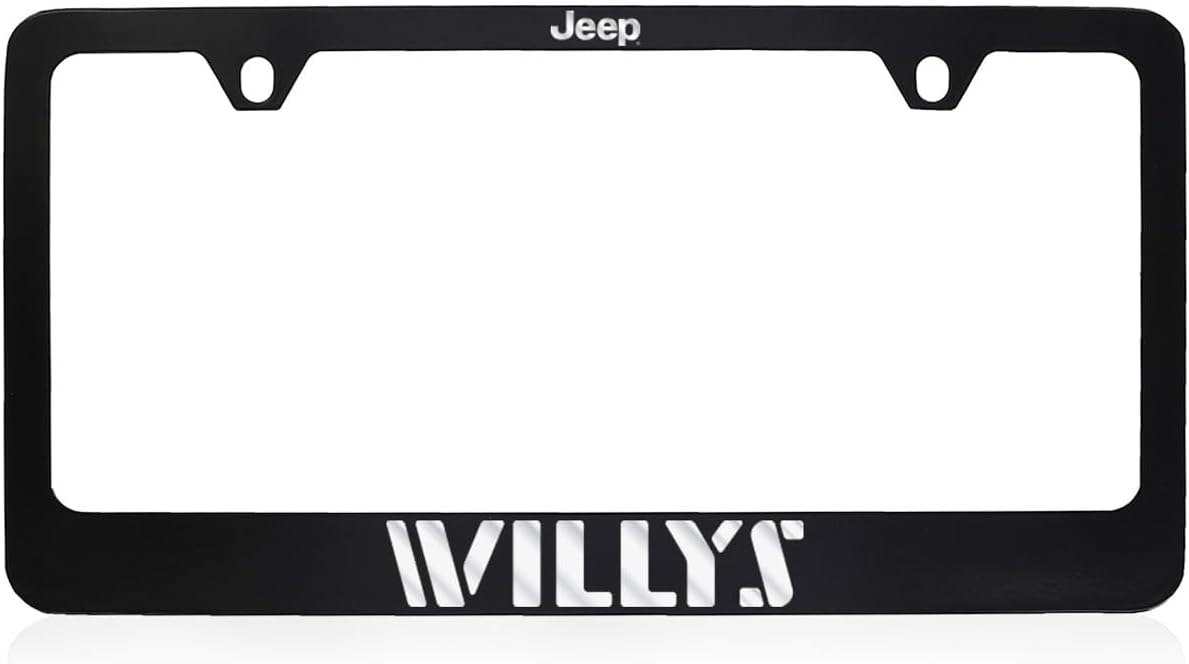 Jeep Willys Black Coated Metal License Plate Frame with Exposed Chrome Logo