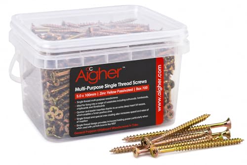 Aigher Multi-Purpose Single Thread Woodscrews 5.0 x 100mm Zinc Yellow Passivated Box of 700 for Softwood Hardwood MDF and Chipboard