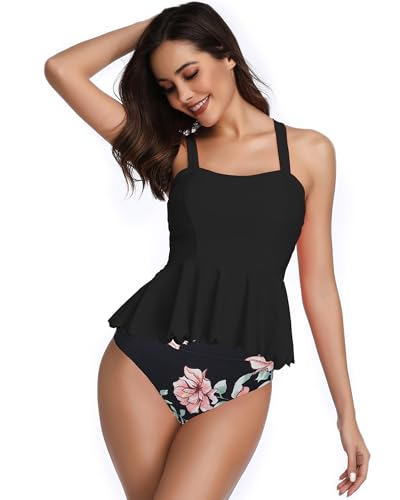 DaiLiWei Tankini Swimsuit for Women 2 Piece Modest Bandeau Bathing Suit High Waisted Cute Bikini Set Tummy Control Plus Size