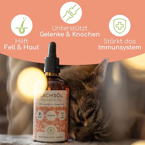 Lachsöl für Katzen mit Omega 3 und 6 von Wolfsbacher, 100ml