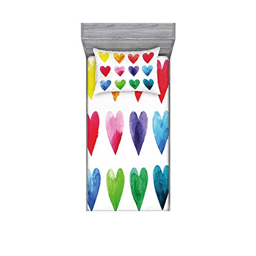 Ambesonne Valentine Fitted Sheet & Pillow Sham Set, Rainbow Colored Heart Shapes In Watercolors Hand Drawn Romantic Illustration, Decorative Printed 2 Piece Bedding Decor Set, Twin, Pastel Red #TOP30