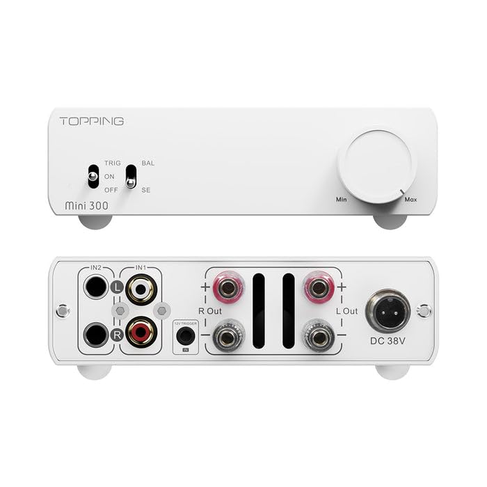 Topping Mini300 HiFi-Stereo-Verstärker, hohe Leistung, Balanced Class D, 140 W×2 @4Ω, 124 dB SNR, Auto Power Sync, symmetrische TRS und RCA, Desktop-Verstärker für passive Lautsprecher, Weiß