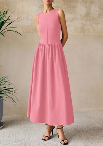 Image of PRETTYGARDEN Maxi Dresses for Women 2026 Summer Casual Sleeveless Patchwork Flowy Vacation Sundress Knit Long Work Tank Dress