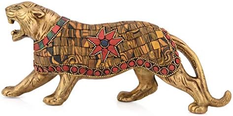 Collectible India Tiger Brass Idol Indian Wild Animal Collectibles Items for Home Living Room Drawing Room Indoor Outdoor (Multicolor, 10 x 4 x 2)