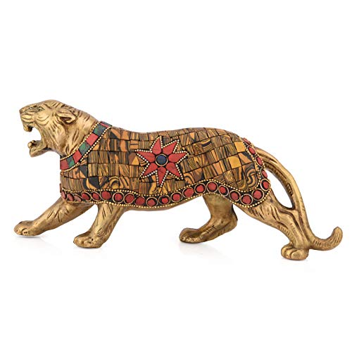Collectible India Tiger Brass Idol Indian Wild Animal Collectibles Items for Home Living Room Drawing Room Indoor Outdoor (Multicolor, 10 x 4 x 2)