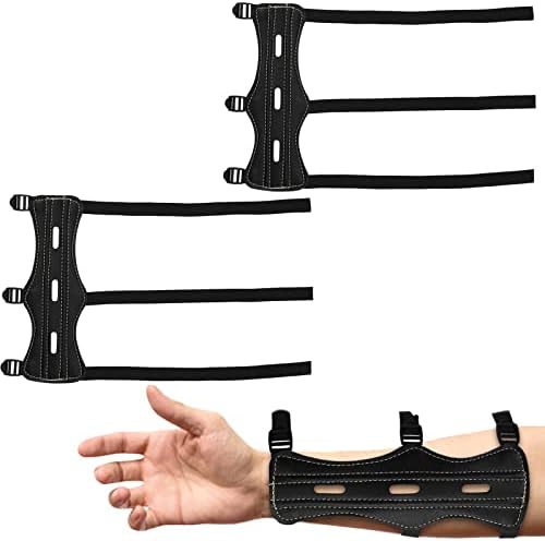 2Pack Bow Arm Guard Archery Arm Guard Archery Cowhide Leather Forearm Protector Black Leather Armguard with 3-Strap Buckles Archery Protective Arm Guards