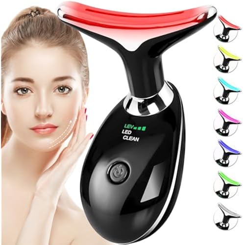 SDKWDH Red-Light-Therapy-for-Face-and-Neck, 7 Color Face Massager Tool for Wrinkles, Double Chin, Vibrating Facial Massager with Thermals for Skin Care, Glossy Black