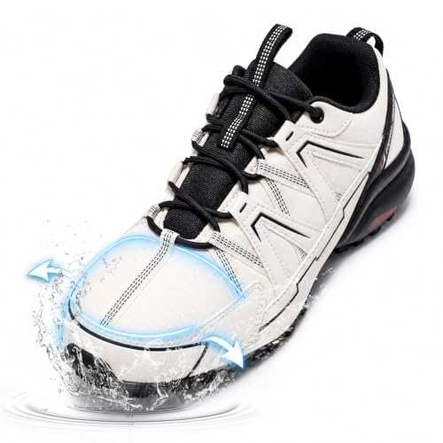 FENLERN Men's Wide Waterproof Trail Running Shoes - Lightweight Breathable Hiking Sneakers with Wide Toe Box for Outdoor Sports(12W，Glacier White Wide)