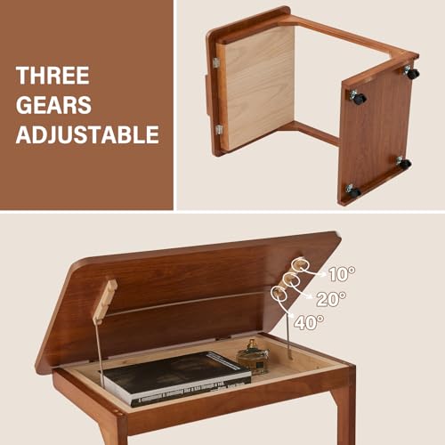 Image of Uniclinens Rolling Side Table, C Shape End Table Slide Under Sofa, Couch Tables, Wooden Sofa Desk with Wheels, Small TV Tray for Laptop Living Room Bedroom, Teak